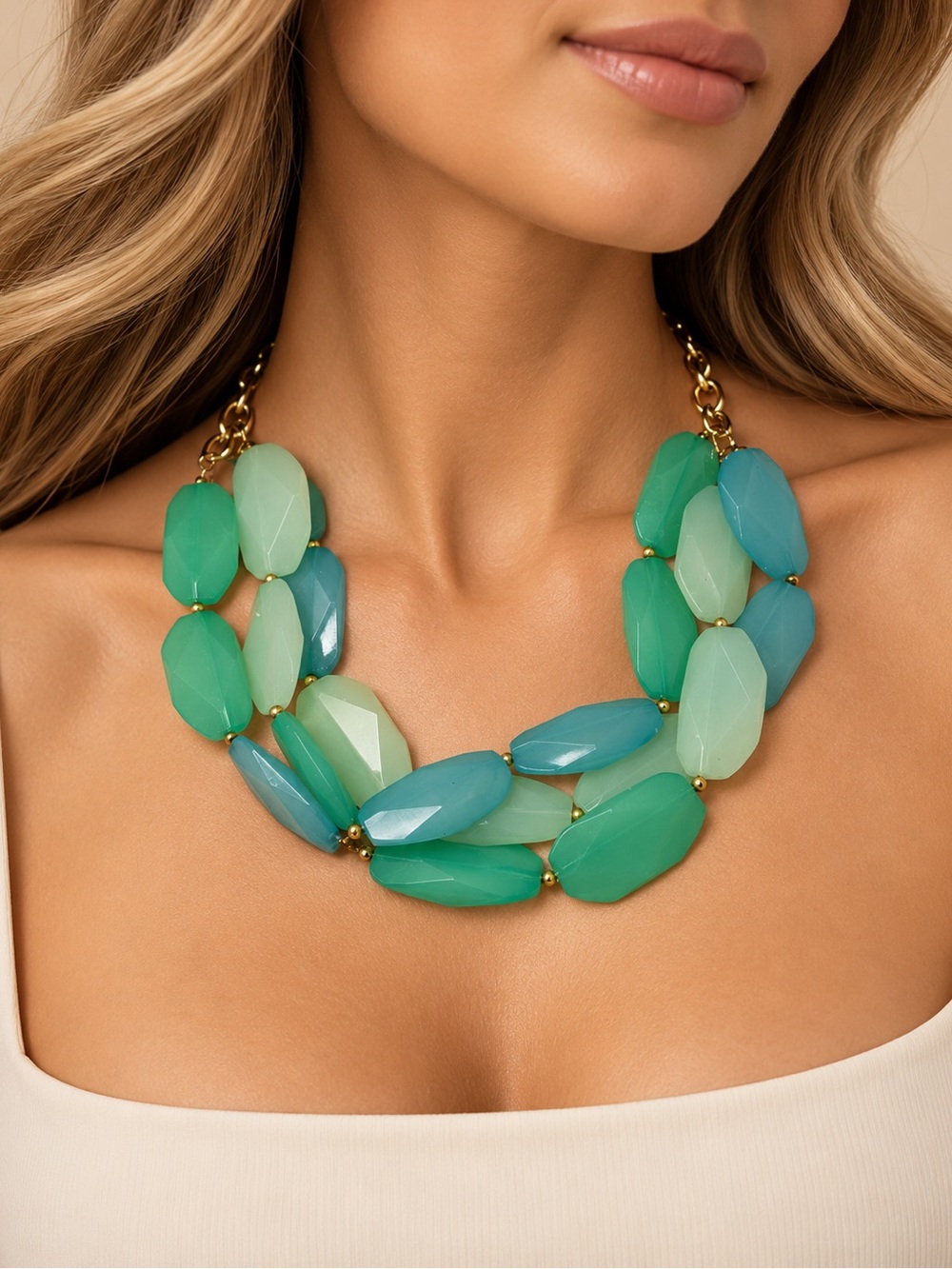 Aqua Mint Teal Multi Strand Faceted Statement Necklace